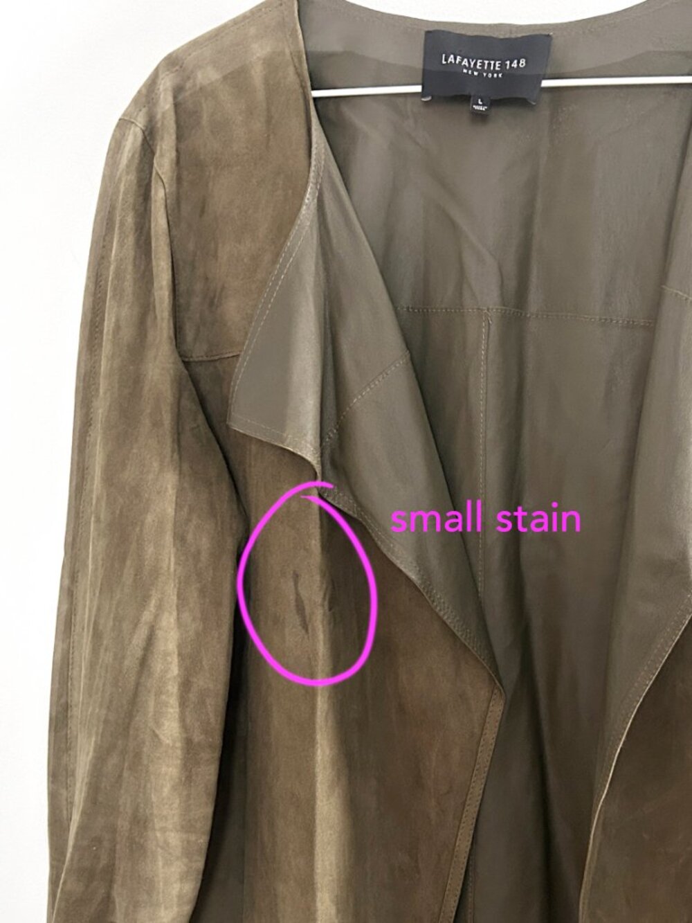 Lafayette 148 New York Olive Suede Leather Open Front Jacket Size L Luxury Drape - Picture 7 of 10